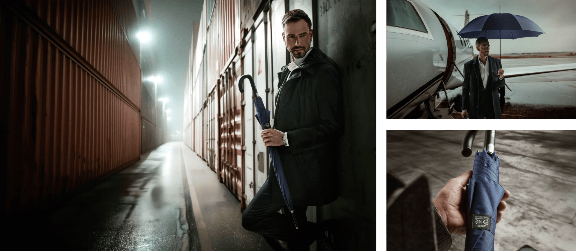 Mann mit dunkelblauem Stockschirm